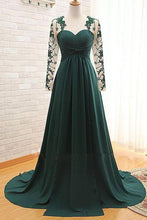 Load image into Gallery viewer, Elegant Long Sleeve Green Chiffon Long Appliqued Prom Dresses Open Back Party Dresses P1069