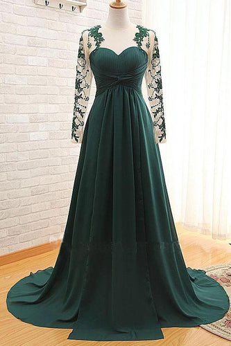 Elegant Long Sleeve Green Chiffon Long Appliqued Prom Dresses Open Back Party Dresses P1069