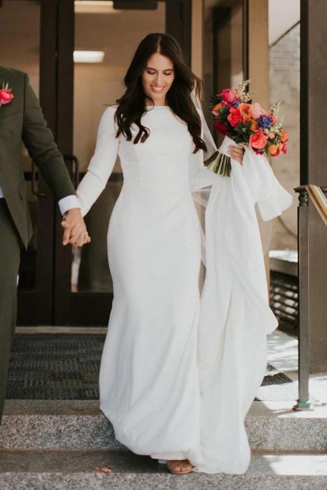 Elegant Long Sleeve Satin Scoop Ivory Wedding Dresses Long Cheap Wedding Gowns W1048