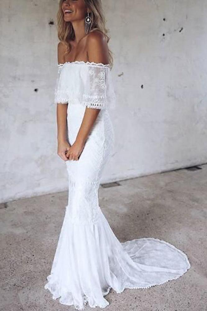 Elegant Mermaid Off the Shoulder Half Sleeve White Lace Beach Wedding Dresses RS779