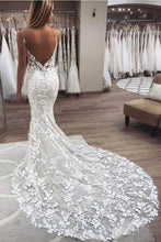 Load image into Gallery viewer, Elegant Mermaid Spaghetti Straps Lace V Neck Ivory Wedding Dresses Bridal Dresses RS776