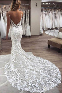 Elegant Mermaid Spaghetti Straps Lace V Neck Ivory Wedding Dresses Bridal Dresses RS776