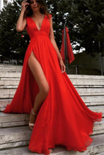 Load image into Gallery viewer, Elegant Red Split V-Neck A-Line Chiffon Sexy Floor-Length Prom Dresses RS506