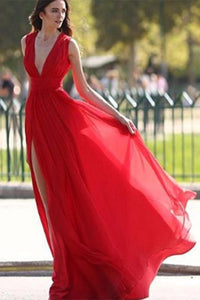 Elegant Red Split V-Neck A-Line Chiffon Sexy Floor-Length Prom Dresses RS506