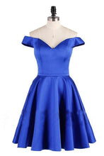 Load image into Gallery viewer, Elegant Satin Off the Shoulder Short Length A line V Neck Blue Homecoming Dresses H1137