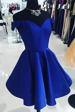 Load image into Gallery viewer, Elegant Satin Off the Shoulder Short Length A line V Neck Blue Homecoming Dresses H1137