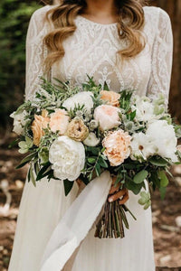 Elegant Scoop Long Sleeve Chiffon Wedding Dresses with Lace Backless Ivory Bridal Dresses W1042