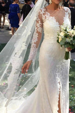 Load image into Gallery viewer, Elegant See Through Long Sleeve Lace Wedding Dresses Mermaid Wedding Dress with Slit W1069