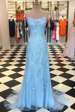 Load image into Gallery viewer, Elegant Spaghetti Straps Sky Blue Mermaid Backless Scoop Pageant Prom Dresses RS93