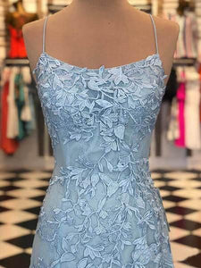 Elegant Spaghetti Straps Sky Blue Mermaid Backless Scoop Pageant Prom Dresses RS93