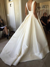 Load image into Gallery viewer, Elegant Straps V Neck Ball Gown Ivory Satin Backless Wedding Dresses with Pockets W1089