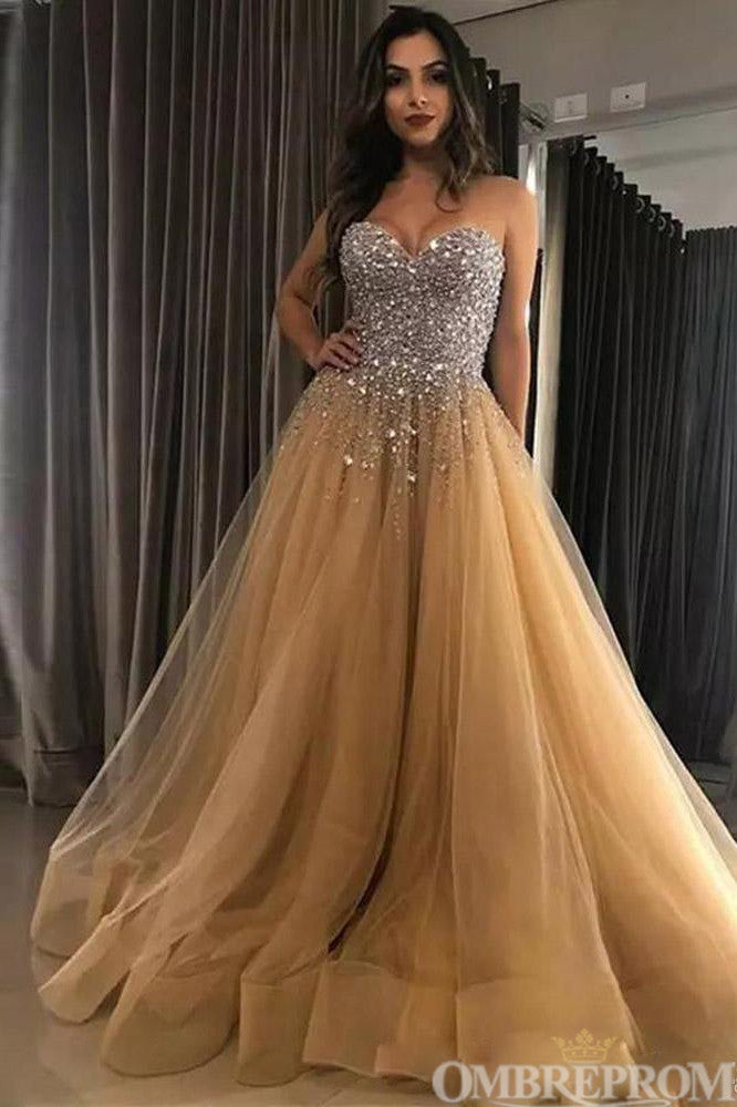Elegant Sweetheart Sleeveless Tulle Prom Dresses Ball Gown with Beading