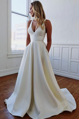 Elegant V Neck Ivory Wedding Dresses with Pockets Open Back Satin Wedding Gowns W1030