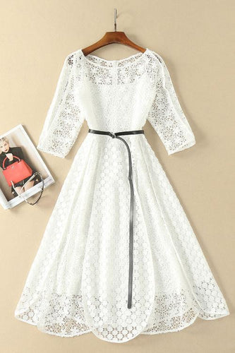 Elegant White Half Sleeve Lace Round Neck Homecoming Dresses Belt Ankle Knee Prom Dress H1127