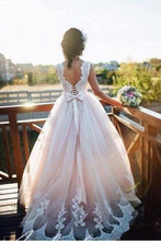 Load image into Gallery viewer, A Line Nude Tulle Pink Lace Appliqued Ball Gown Lace up Beach Wedding Dresses RS918