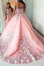 Load image into Gallery viewer, Ball Gown Pink Tulle Lace Applique Long Sweetheart Strapless Prom Dresses Evening Dresses RS255