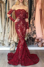 Load image into Gallery viewer, Mermaid Long Sleeves Dark Red Off the Shoulder Lace Prom Dresses with Train RS367