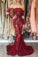 Mermaid Long Sleeves Dark Red Off the Shoulder Lace Prom Dresses with Train RS367