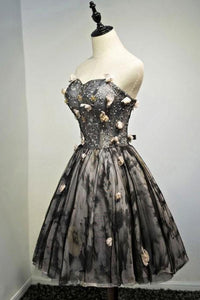 A Line Black Sweetheart Strapless with Flowers Tulle Short School Dress Homecoming Dress RS886