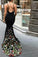 Mermaid V-Neck Court Train Black Stretch Satin Spaghetti Straps Prom Dress with Appliques RS461