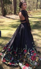 Load image into Gallery viewer, Two Piece Lace Floral Print Black Sexy Open Back Long Sleeve High Neck Prom Dresses RS56