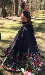 Two Piece Lace Floral Print Black Sexy Open Back Long Sleeve High Neck Prom Dresses RS56