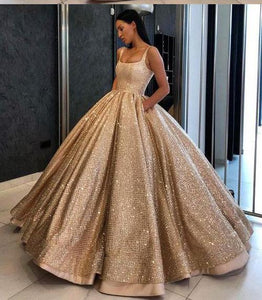 Ball Gown Prom Dress with Pockets Beads Sequins Floor-Length Gold Quinceanera Dresses RS724