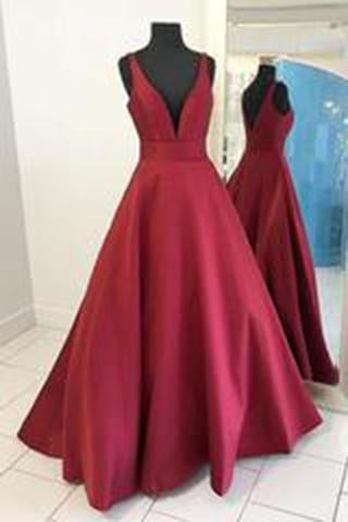 2024 Sexy Burgundy Red Long V Neck Red Evening Dress Simple Prom Dresses RS749