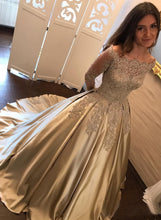 Load image into Gallery viewer, Satin Ball Gown Gold Long Sleeves Scoop Lace Appliques Beads Floor Length Prom Dresses RS771