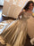 Satin Ball Gown Gold Long Sleeves Scoop Lace Appliques Beads Floor Length Prom Dresses RS771