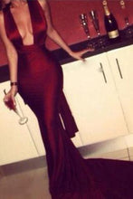 Load image into Gallery viewer, Modest Mermaid Dark Burgundy Red Long Criss Cross Fitted Sexy Backless Evening Dresses RS17