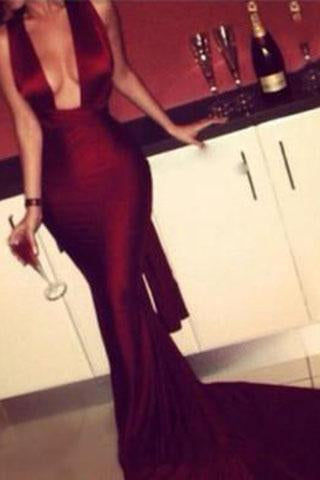 Modest Mermaid Dark Burgundy Red Long Criss Cross Fitted Sexy Backless Evening Dresses RS17