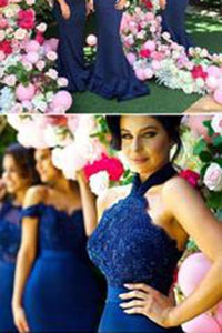 Stylish Halter Open Back Mermaid Navy Blue Bridesmaid Dress with Lace Beading RS613