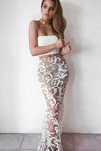 White Mermaid Two Pieces Lace Sleeveless Evening Dresses Long Prom Dresses RS325