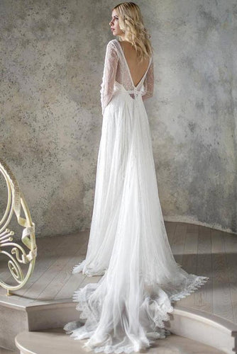 Elegant A Line V Neck Long Sleeve Ivory Lace Backless Beach Boho Wedding Dresses RS872