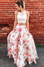 Load image into Gallery viewer, Two Piece High Neck Floral Long Lace A Line Sleeveless Graduation Prom Dresses RS571