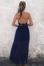Load image into Gallery viewer, Simple A-Line Halter Floor Length Backless Navy Blue Chiffon Prom Dresses RS609