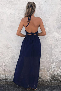 Simple A-Line Halter Floor Length Backless Navy Blue Chiffon Prom Dresses RS609