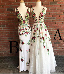 Fashion A Line Deep V Neck Backless Ivory Lace Prom Dress with Appliques RS567