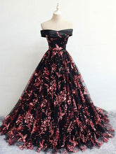 Load image into Gallery viewer, Floral Print Black Off the Shoulder Lace Appliques Prom Dresses with Lace up RS695