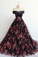 Load image into Gallery viewer, Floral Print Black Off the Shoulder Lace Appliques Prom Dresses with Lace up RS695