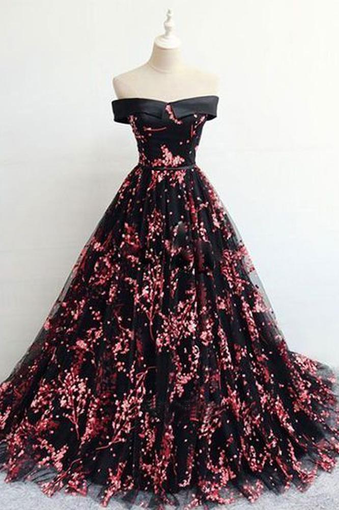 Floral Print Black Off the Shoulder Lace Appliques Prom Dresses with Lace up RS695