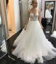 Load image into Gallery viewer, Flossy A Line Sleeveless Lace Ivory Tulle Wedding Dresses, Bridal Gown with Appliques PW341