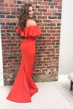 Load image into Gallery viewer, Flounced Off the Shoulder Satin Prom Dresses Two Piece Mermaid Long Formal Dress RS490