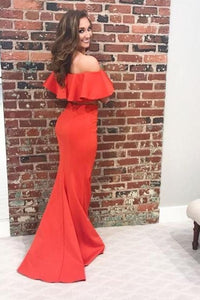 Flounced Off the Shoulder Satin Prom Dresses Two Piece Mermaid Long Formal Dress RS490