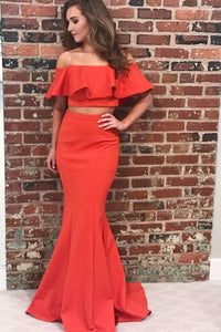 Flounced Off the Shoulder Satin Prom Dresses Two Piece Mermaid Long Formal Dress RS490