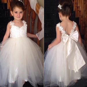 Ivory Sweetheart Lace Top Cute Tulle V Back Bowknot Flower Girl Dresses RS120