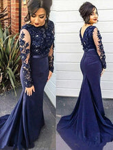 Load image into Gallery viewer, Mermaid Lace Scoop Navy Blue Beads High Neck Long Sleeve Plus Size Prom Dresses RS161
