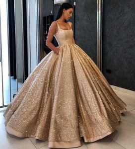 Ball Gown Prom Dress with Pockets Beads Sequins Floor-Length Gold Quinceanera Dresses RS724
