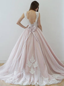 A Line Nude Tulle Pink Lace Appliqued Ball Gown Lace up Beach Wedding Dresses RS918